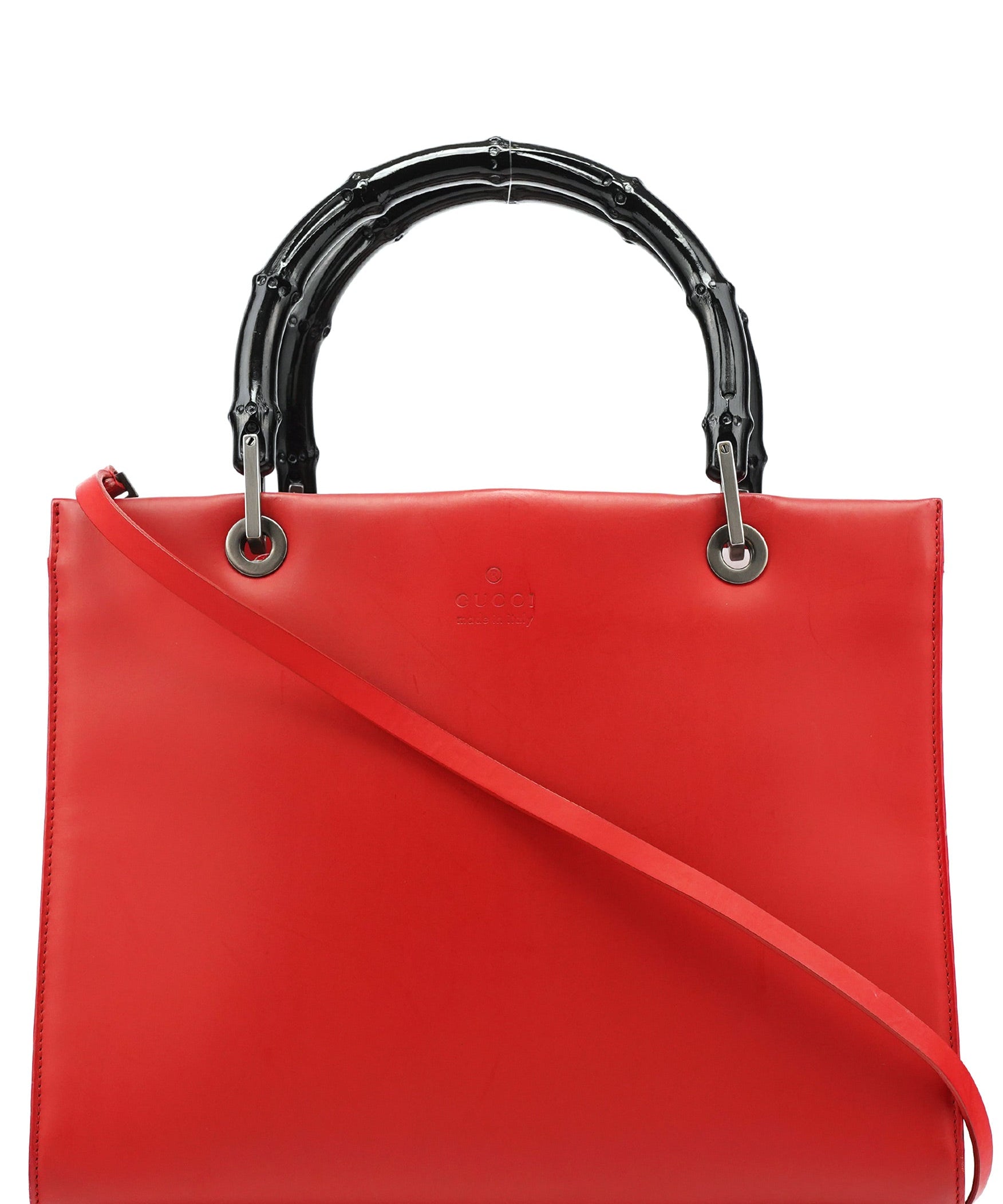 Gucci Matte Red Leather Bamboo 2-Way Tote Bag