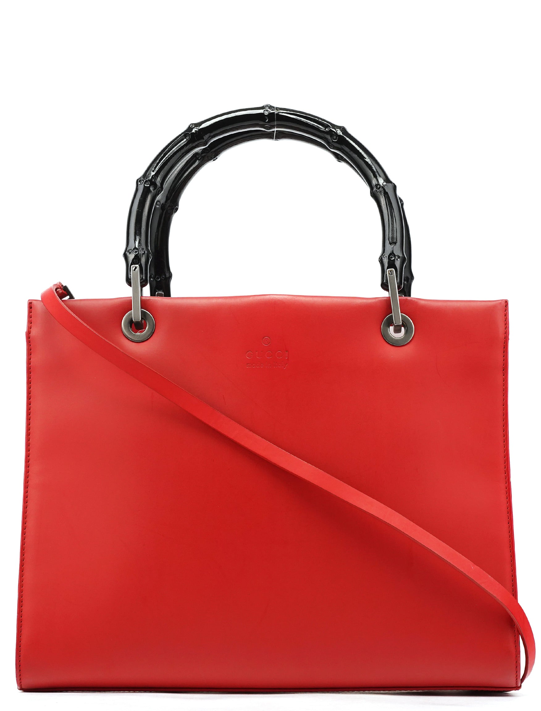Gucci Matte Red Leather Bamboo 2-Way Tote Bag