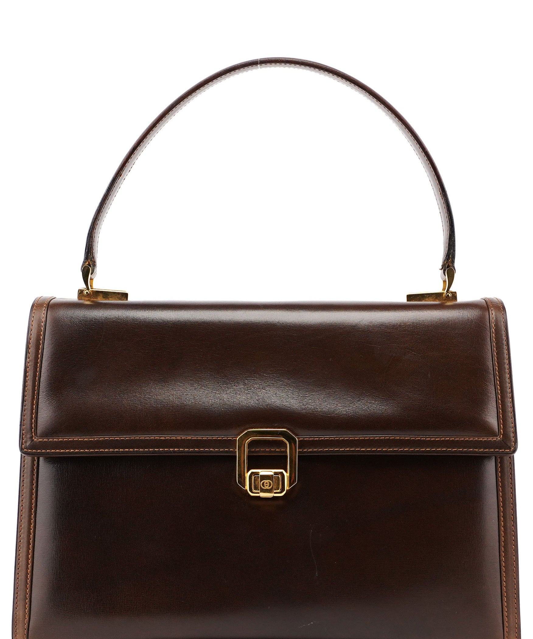 Gucci Vintage Brown Calfskin Turnlock Top Handle Bag