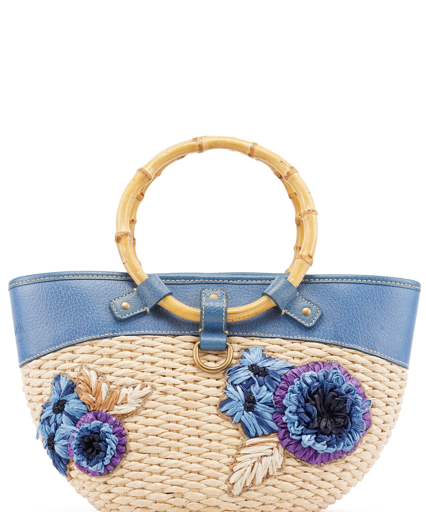 Miu Miu Beige Blue Raffia Bamboo Bag