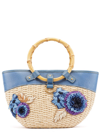 Miu Miu Beige Blue Raffia Bamboo Bag