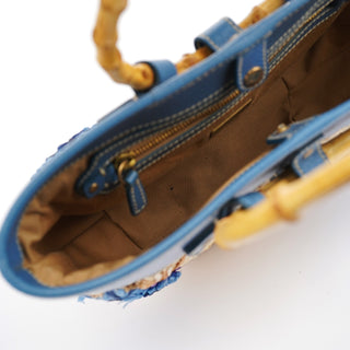 Miu Miu Beige Blue Raffia Bamboo Bag