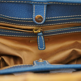 Miu Miu Beige Blue Raffia Bamboo Bag