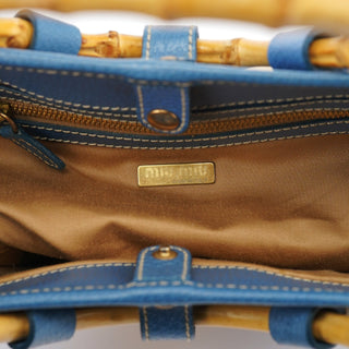 Miu Miu Beige Blue Raffia Bamboo Bag
