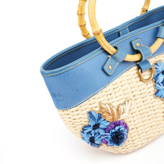 Miu Miu Beige Blue Raffia Bamboo Bag