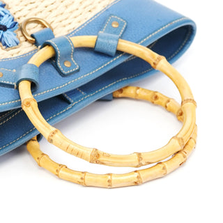 Miu Miu Beige Blue Raffia Bamboo Bag