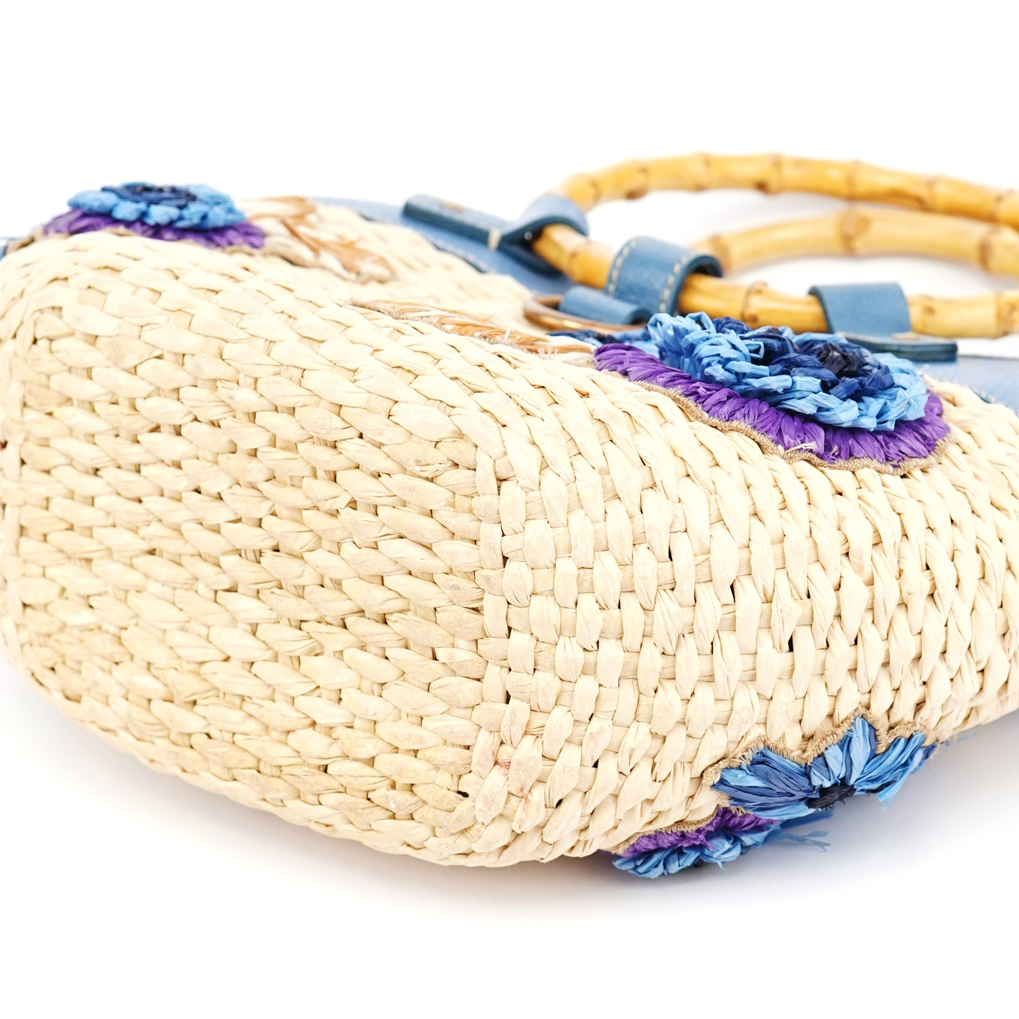 Miu Miu Sac Bamboo en raphia beige et bleu
