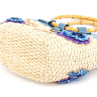 Miu Miu Beige Blue Raffia Bamboo Bag