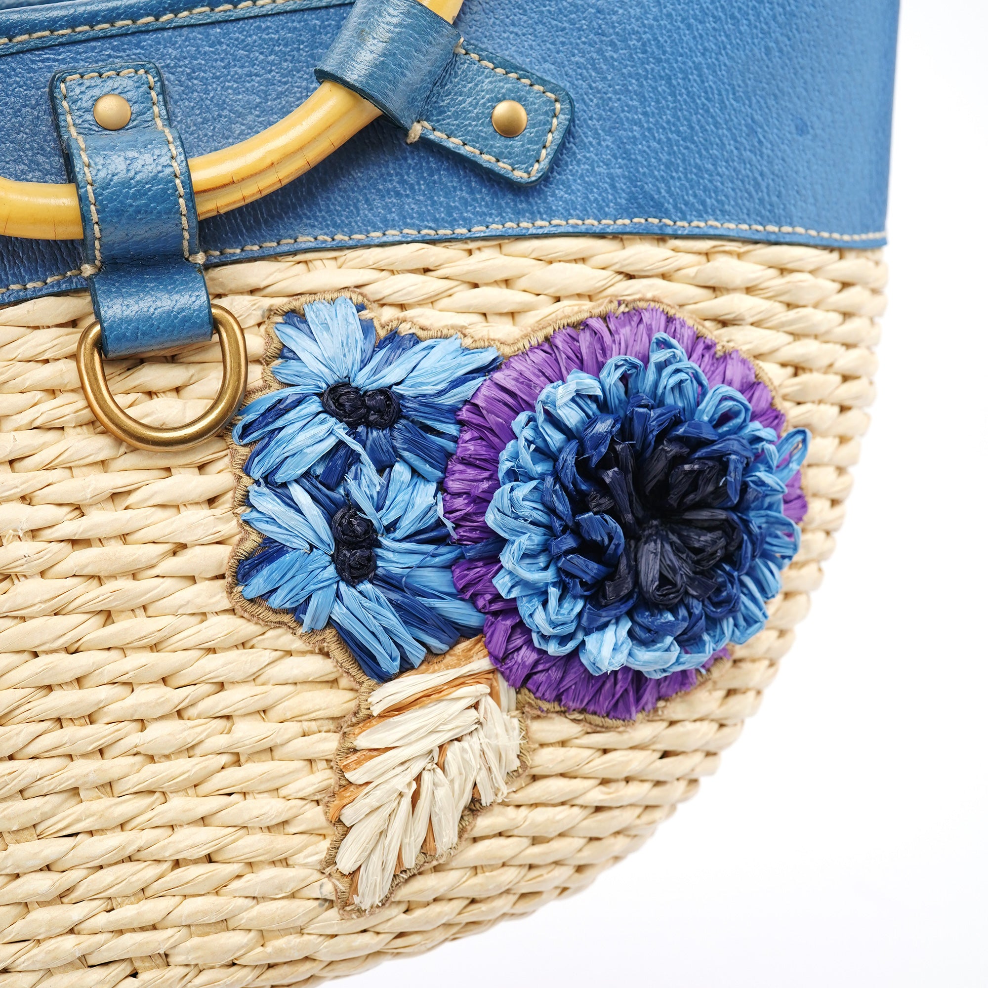Miu Miu Sac Bamboo en raphia beige et bleu