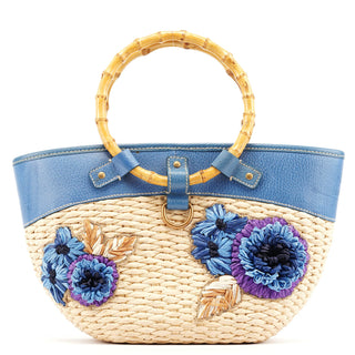 Miu Miu Beige Blue Raffia Bamboo Bag