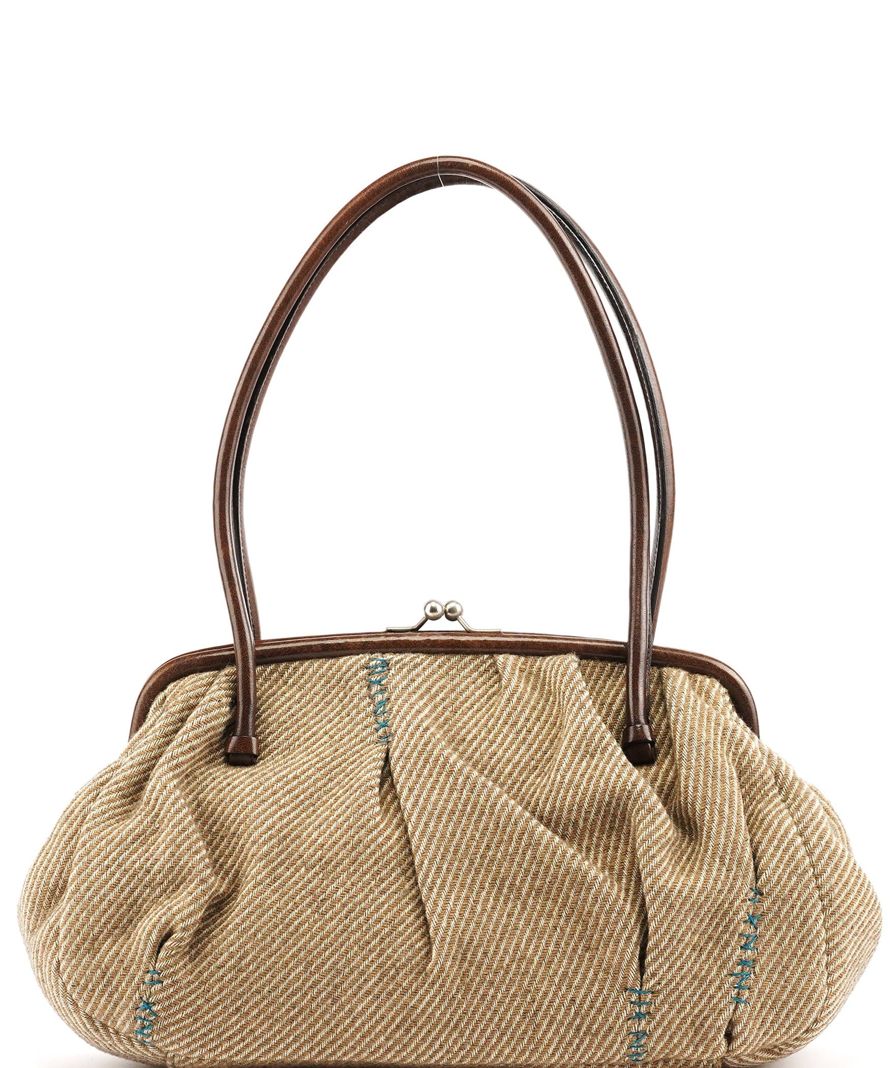 Miu Miu Beige Brown Wool Leather Clutch Tote Bag
