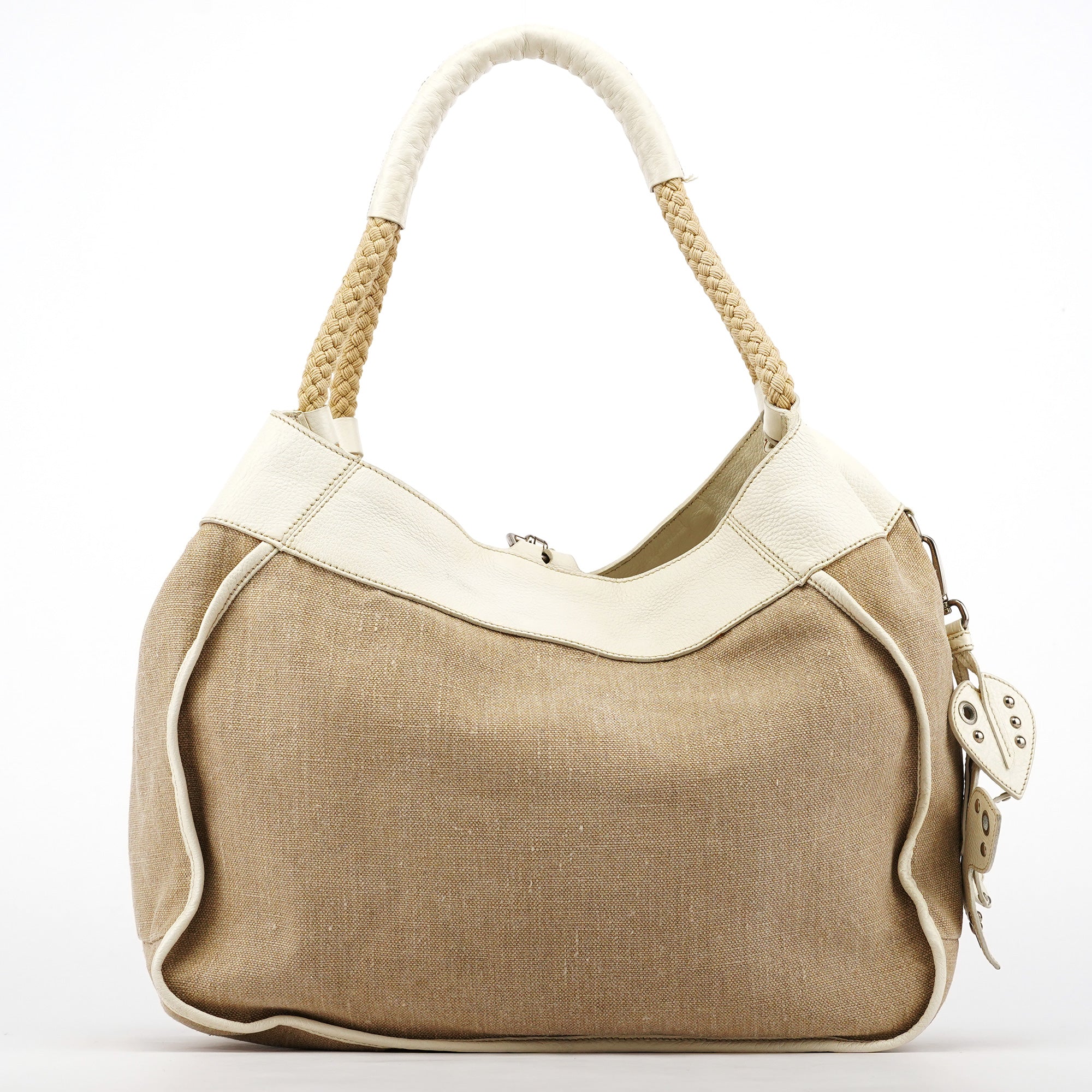Miu Miu Beige Canvas Floral Appliqué Shoulder Bag