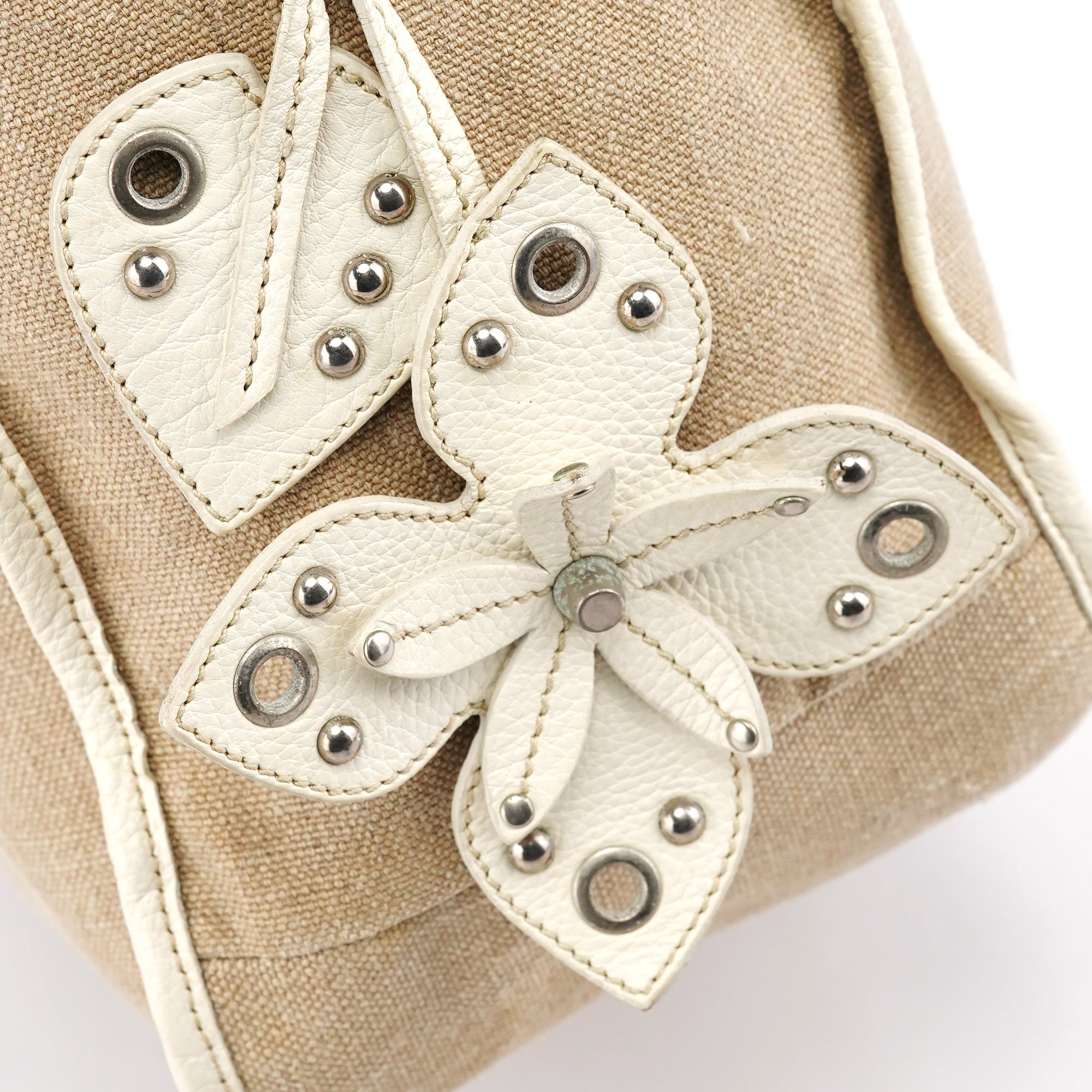 Miu Miu Beige Canvas Floral Appliqué Shoulder Bag