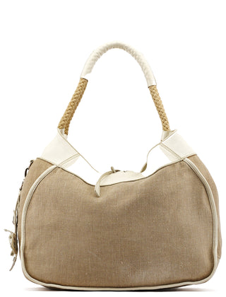 Miu Miu Beige Canvas Floral Appliqué Shoulder Bag
