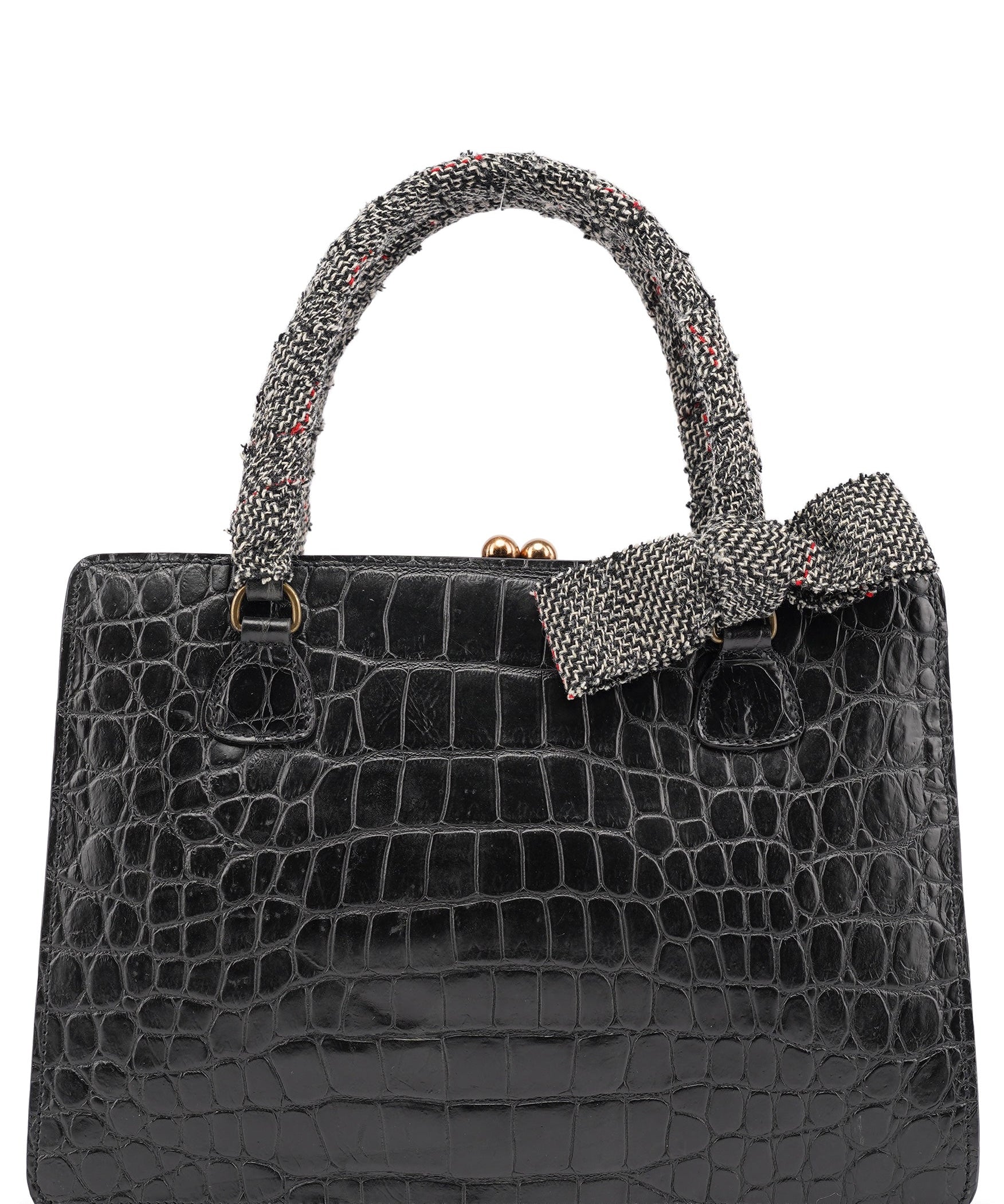 Miu Miu Black Croc Embossed Leather Clutch Tote Bag