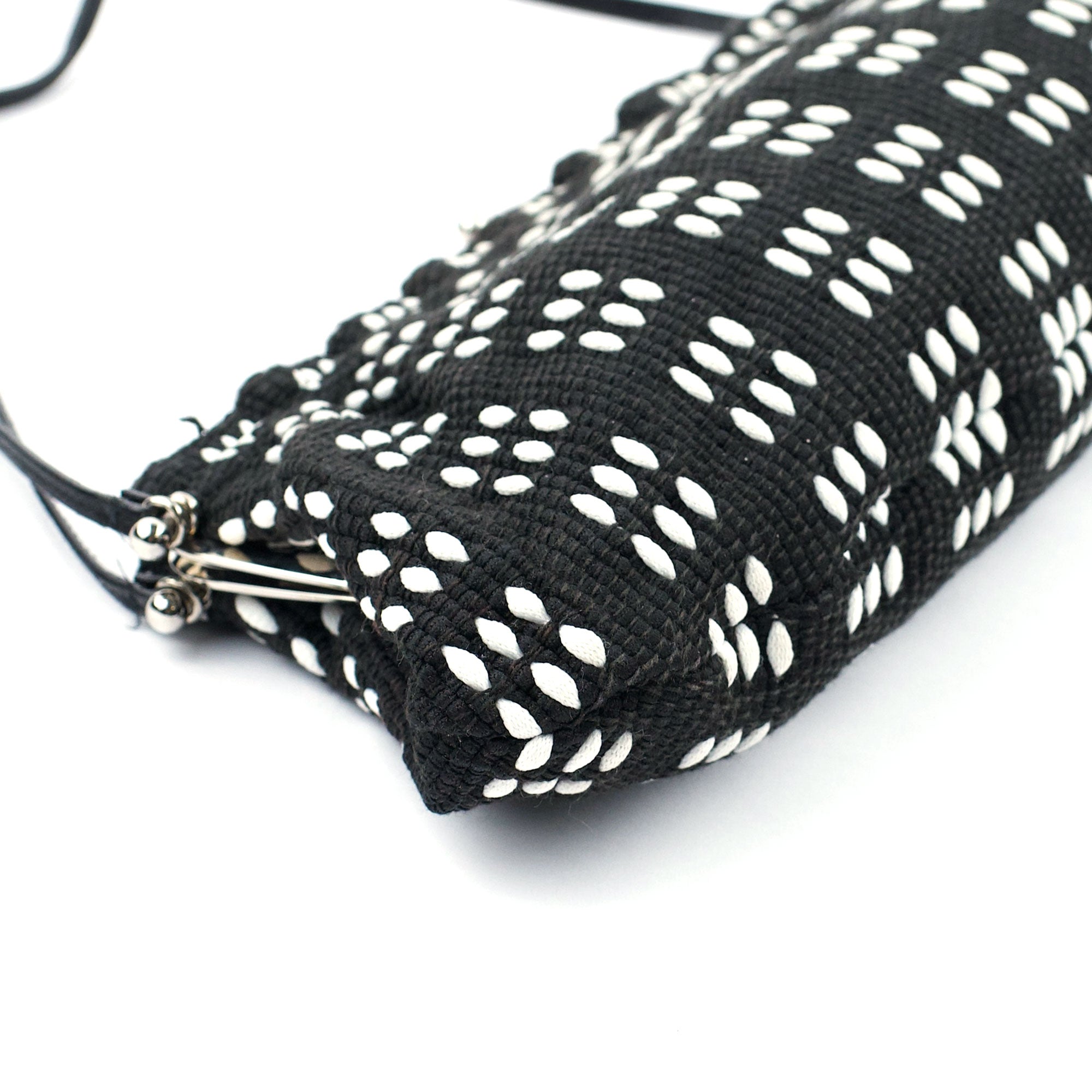 Miu Miu Black White Woven Canvas Shoulder Bag