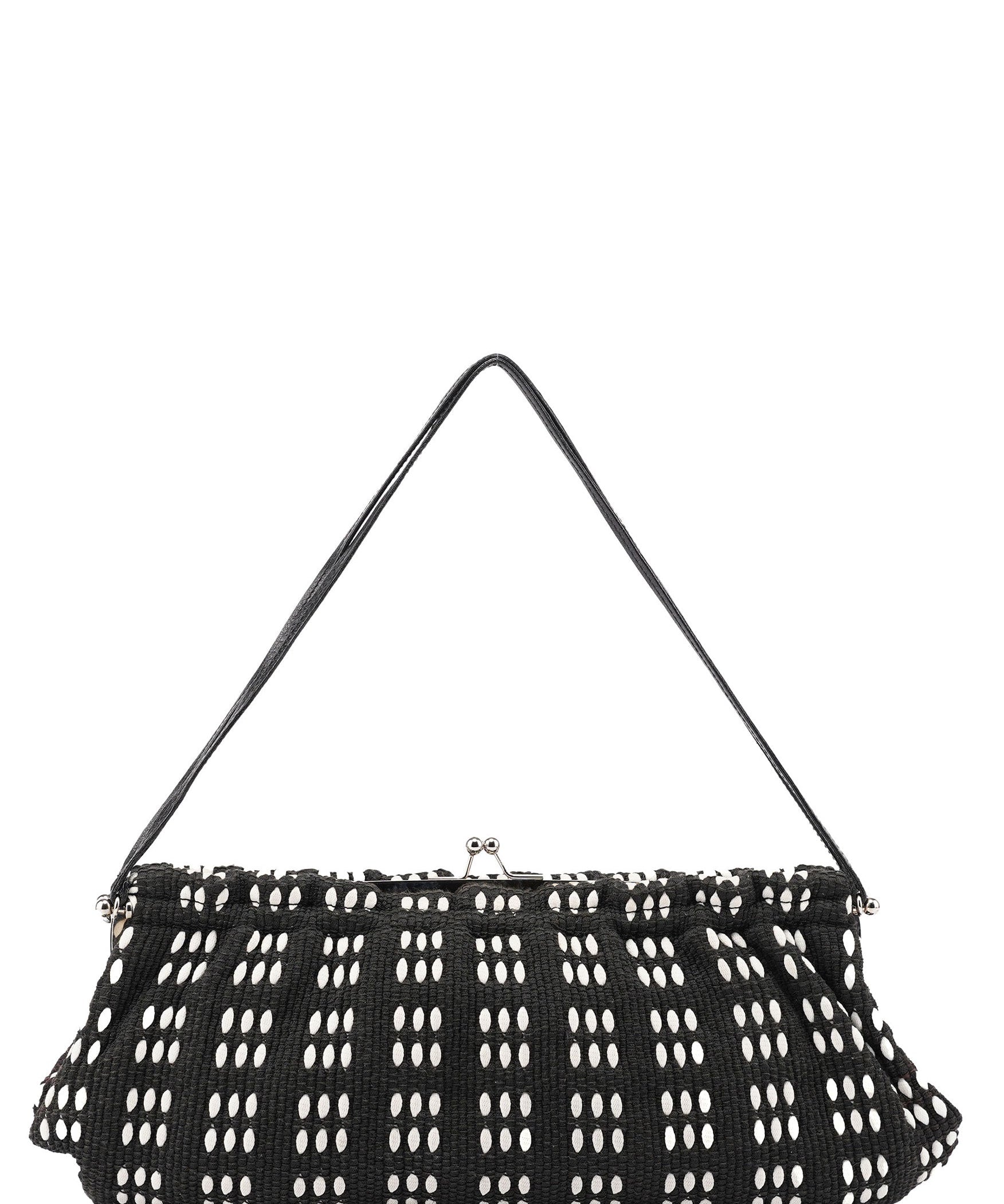 Miu Miu Black White Woven Canvas Shoulder Bag