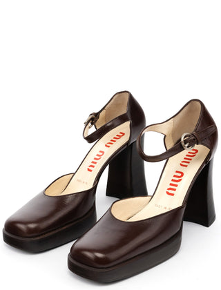 Miu Miu Brown Leather Mary Jane Platform Heels