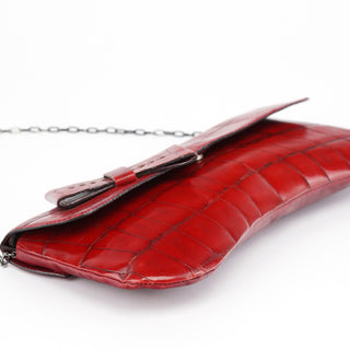 Miu Miu Burgundy Croc Embossed Bow Chain Shoulder Bag