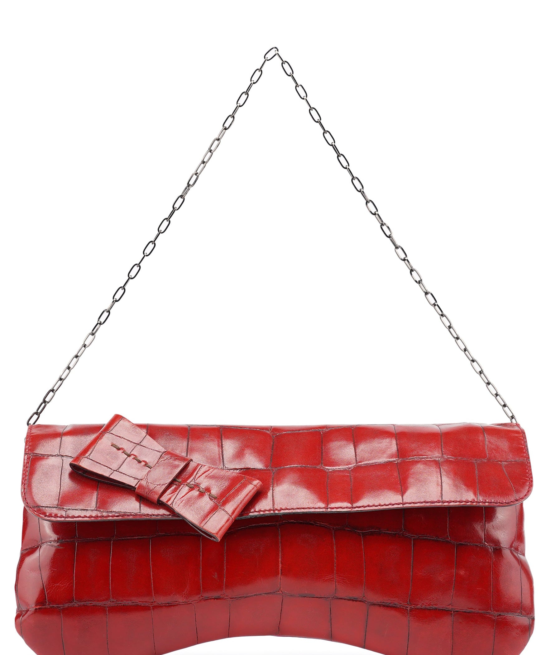 Miu Miu Burgundy Croc Embossed Bow Chain Shoulder Bag