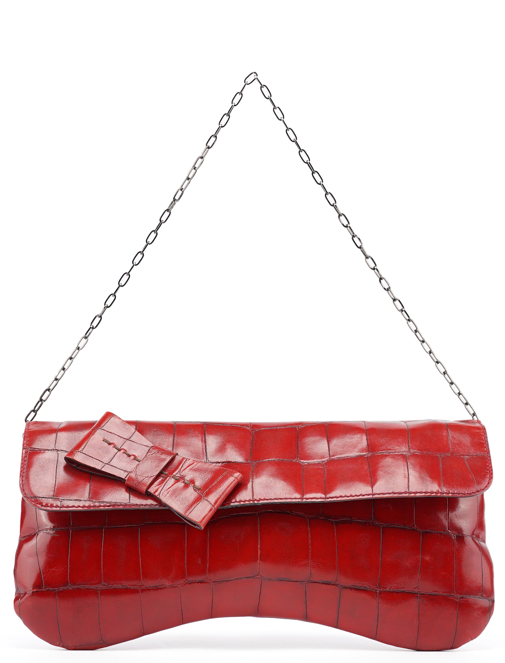 Miu Miu Sac porté épaule à nœud et chaîne en cuir embossé façon croco bordeaux