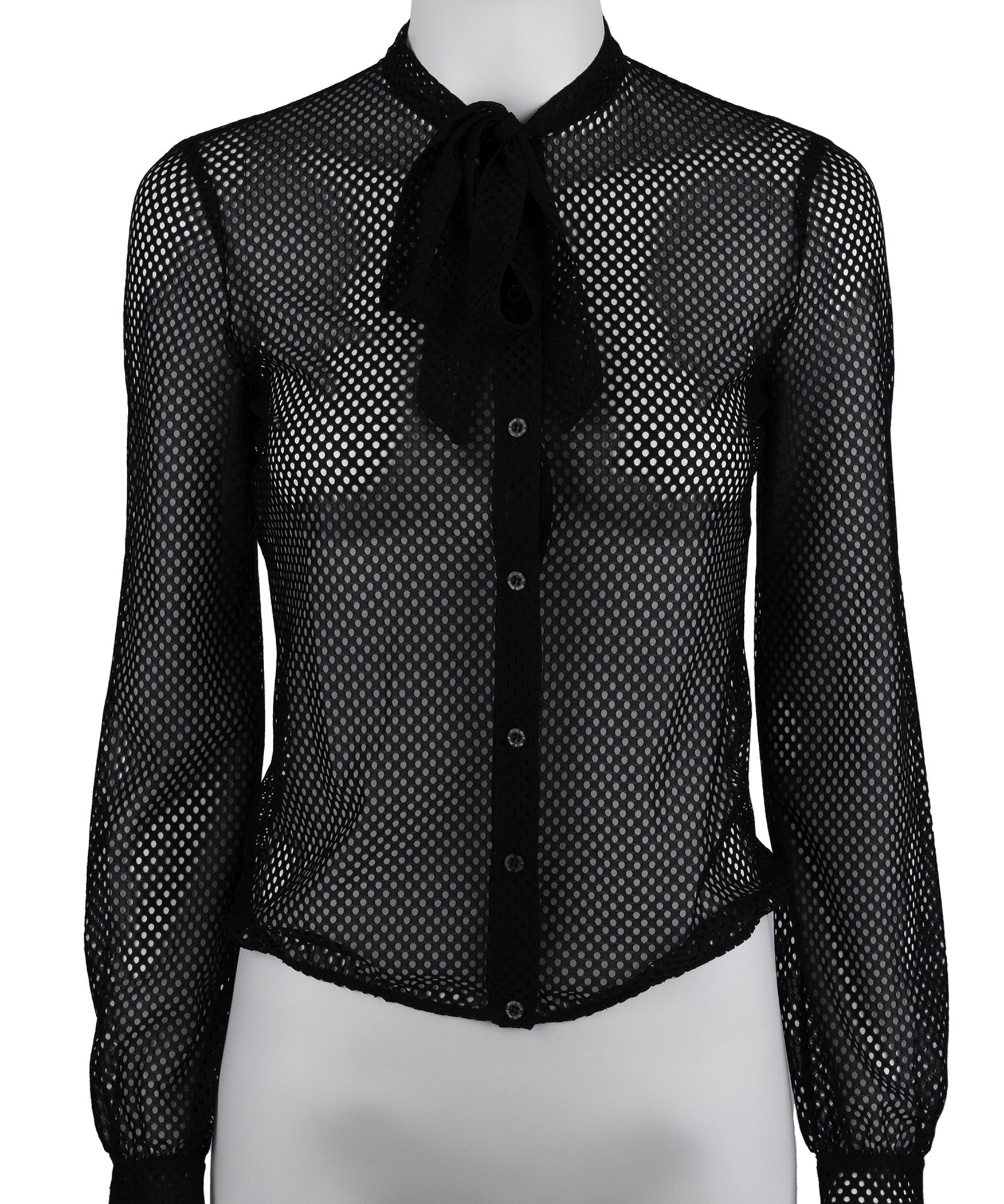 Miu Miu Spring 2000 Black Sheer Mesh Bow Tie Runway Blouse