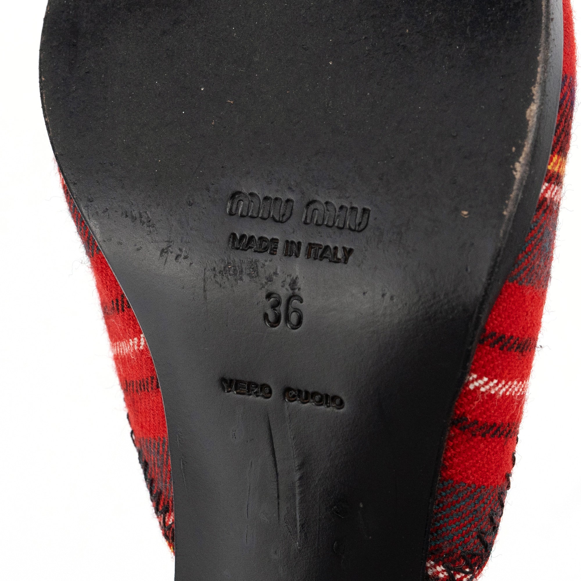 Miu Miu Tartan & Cracked Patent Leather Kitten Heel Mules