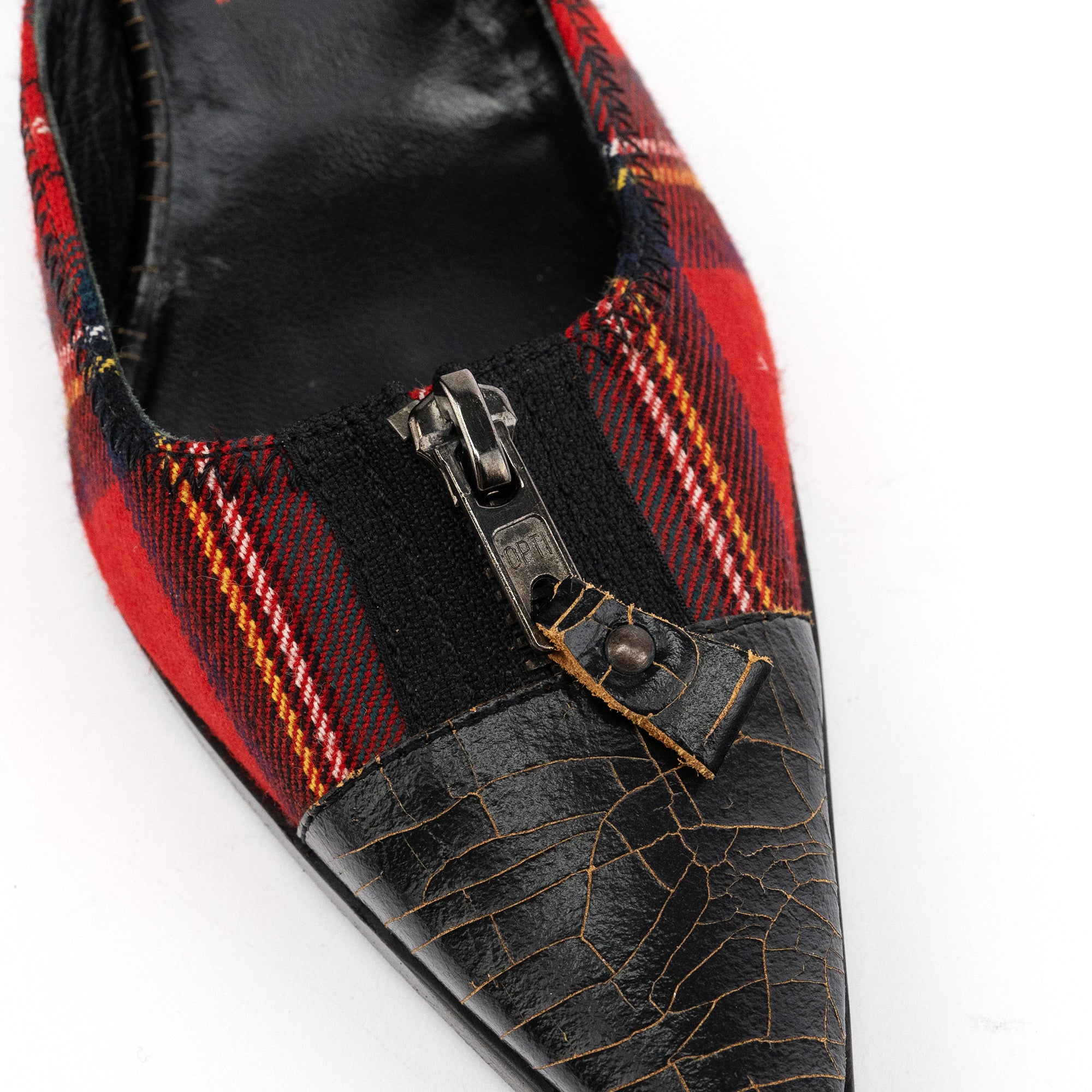 Miu Miu Tartan & Cracked Patent Leather Kitten Heel Mules