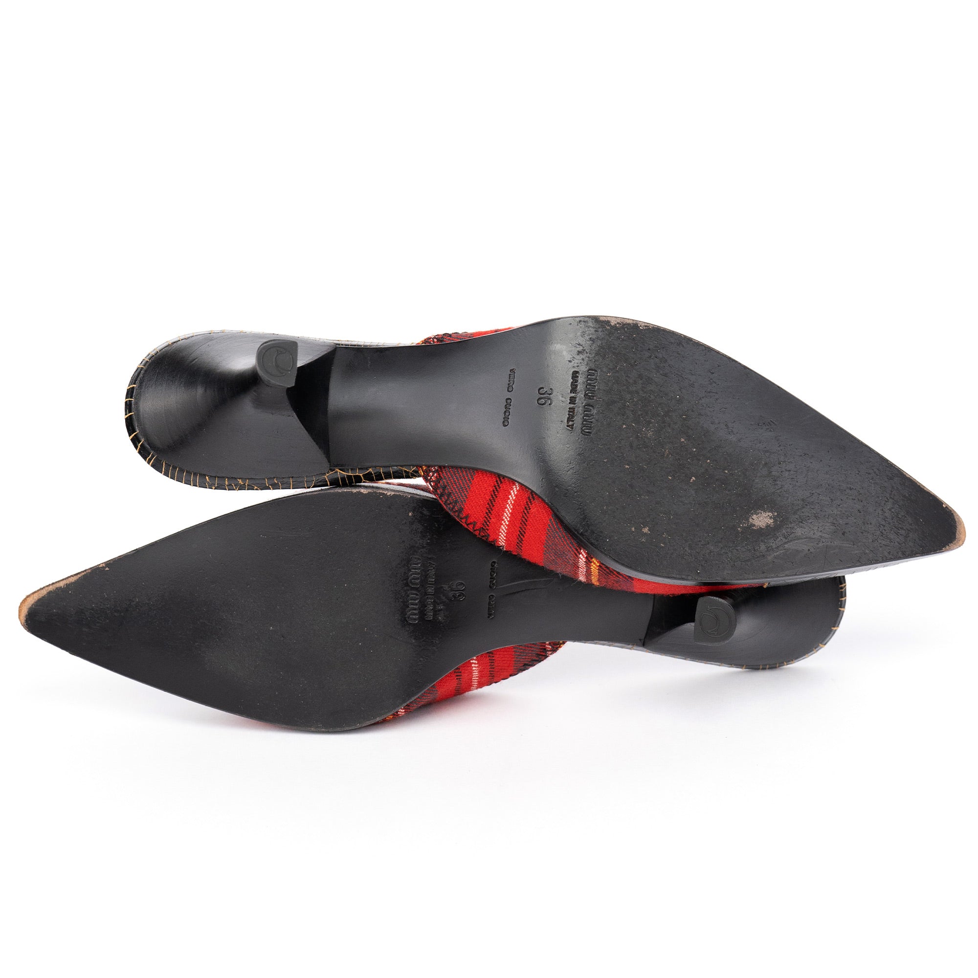 Miu Miu Tartan & Cracked Patent Leather Kitten Heel Mules