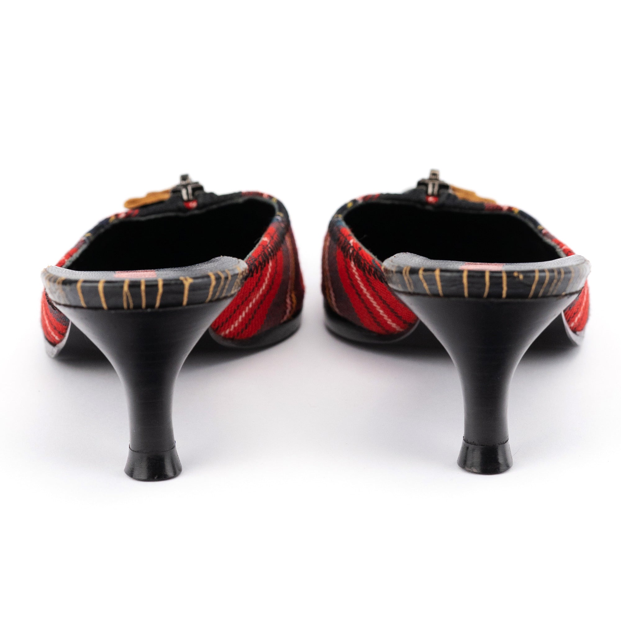 Miu Miu Tartan & Cracked Patent Leather Kitten Heel Mules