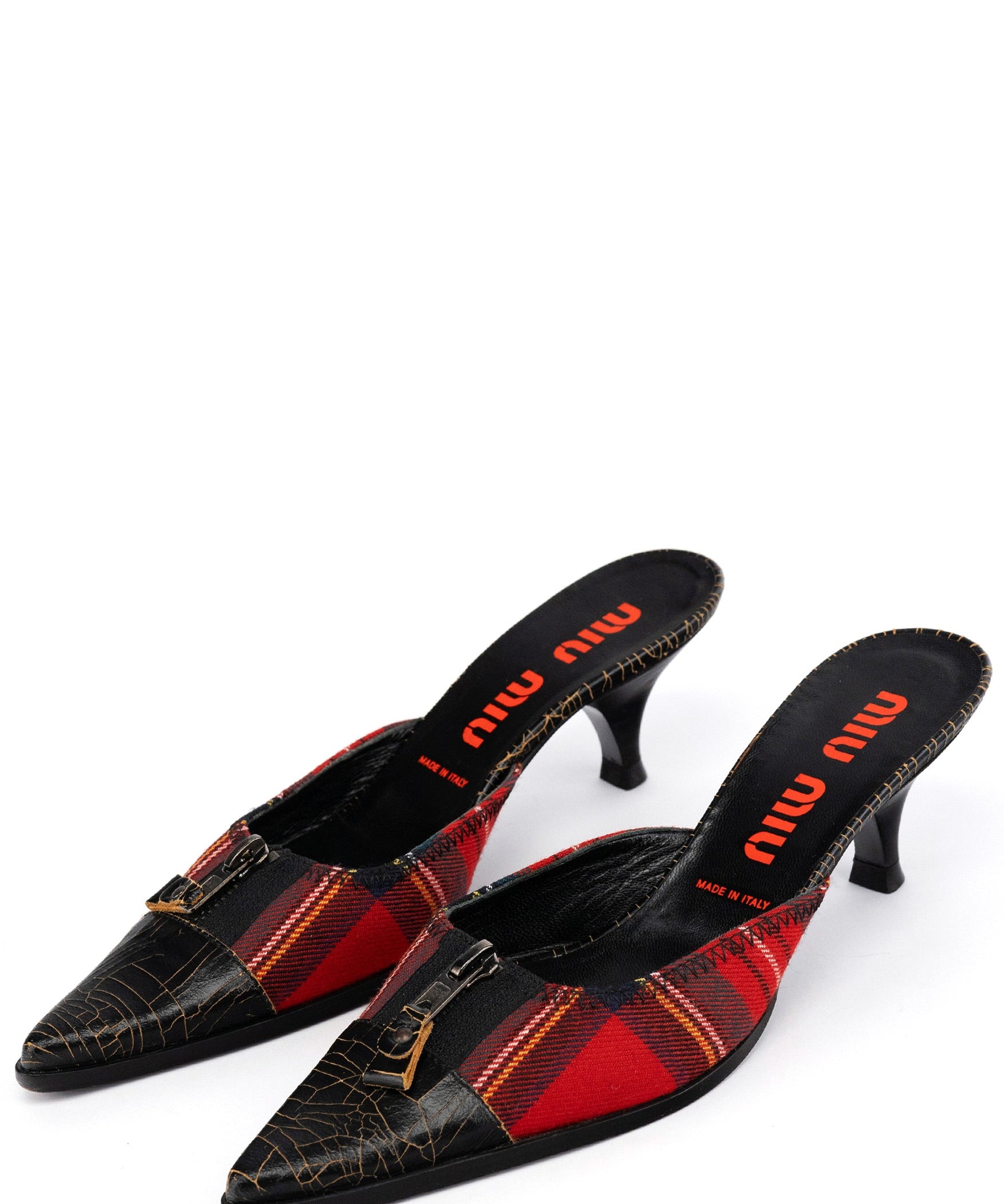 Miu Miu Tartan & Cracked Patent Leather Kitten Heel Mules