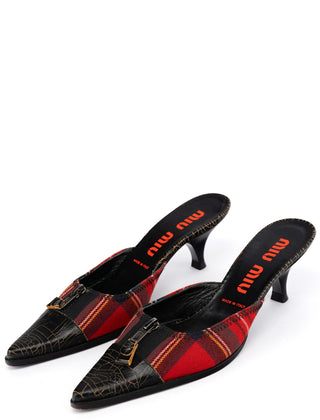 Miu Miu Tartan & Cracked Patent Leather Kitten Heel Mules