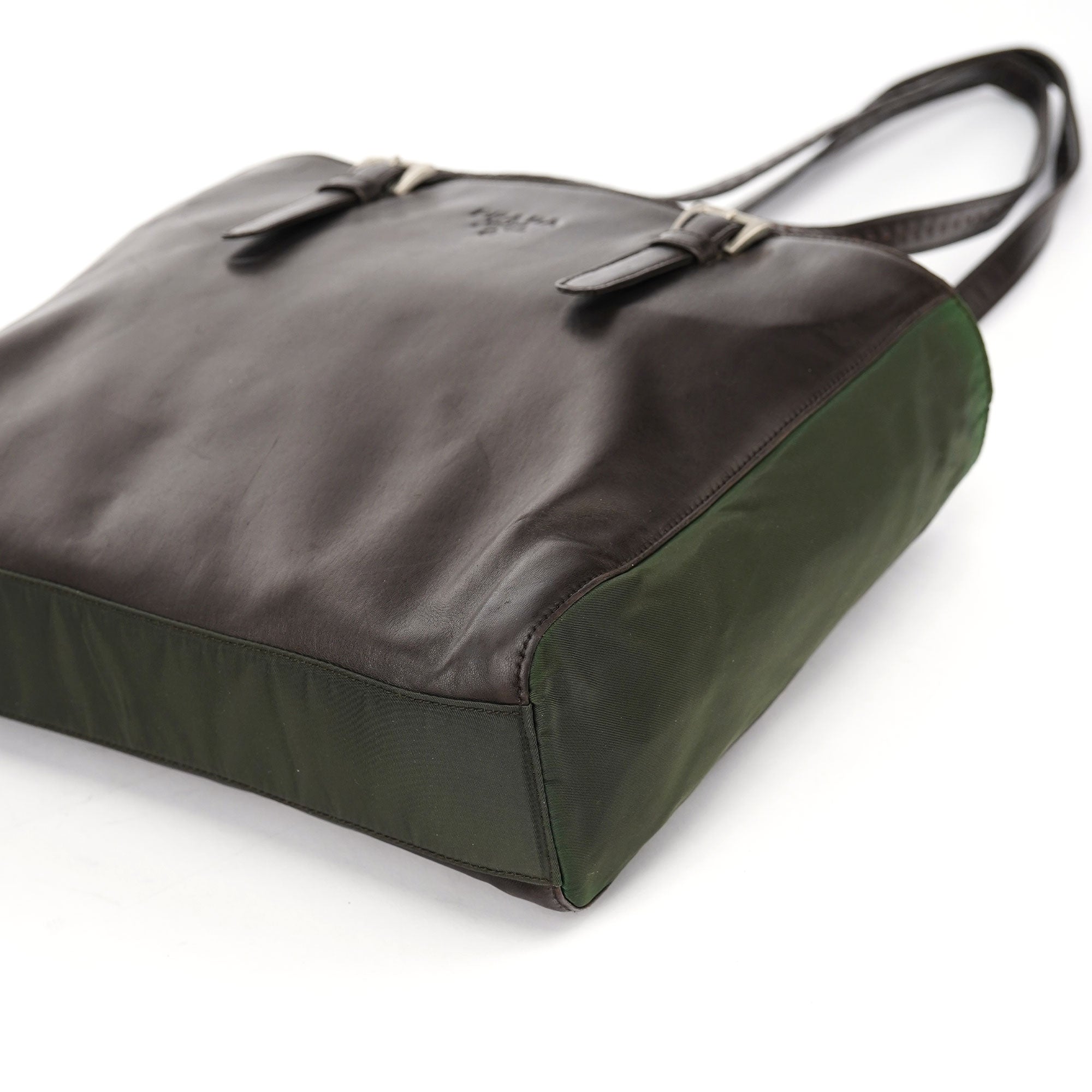 Prada 1995 Brown Green Nappa Tessuto Nylon Tote Bag