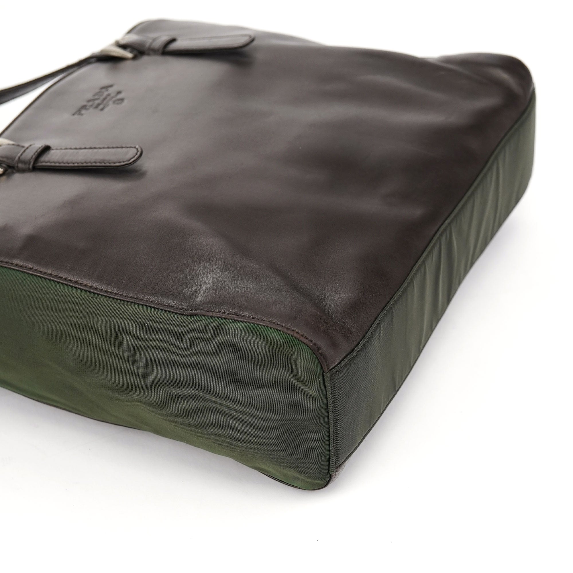Prada 1995 Brown Green Nappa Tessuto Nylon Tote Bag