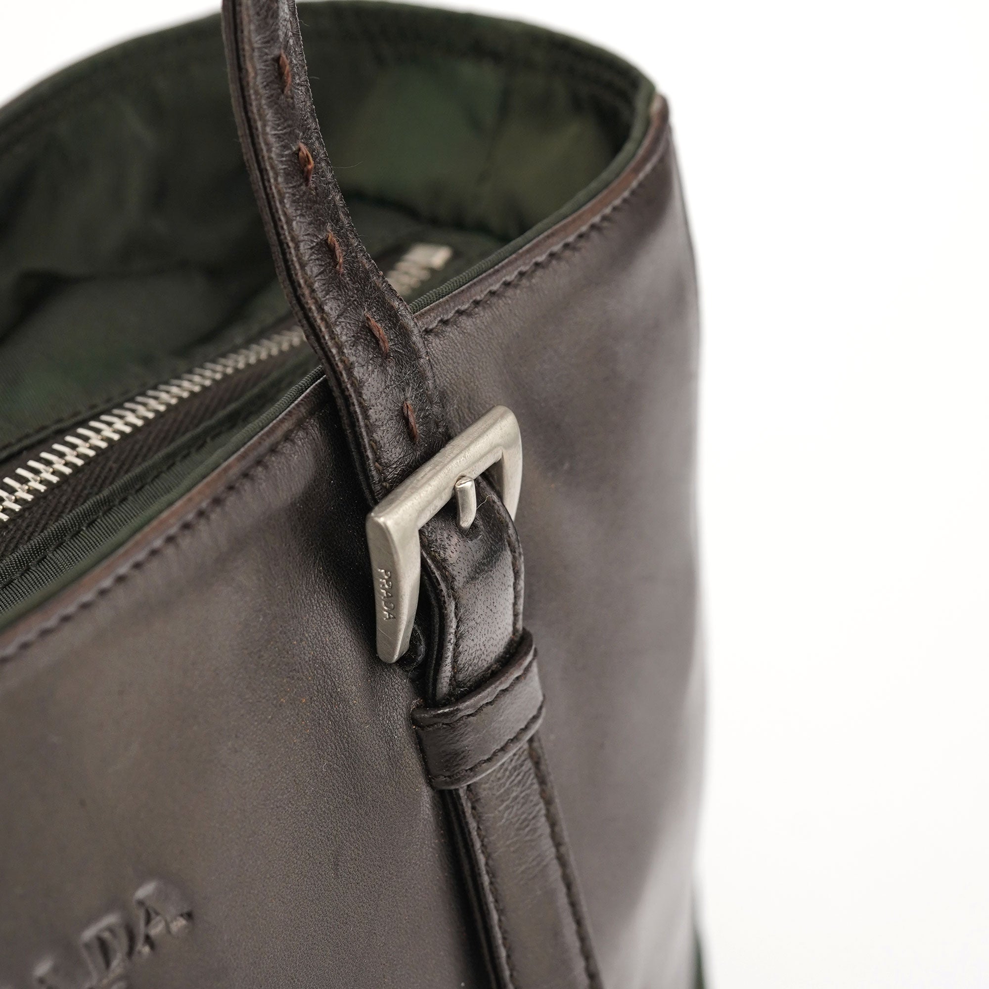 Prada 1995 Brown Green Nappa Tessuto Nylon Tote Bag