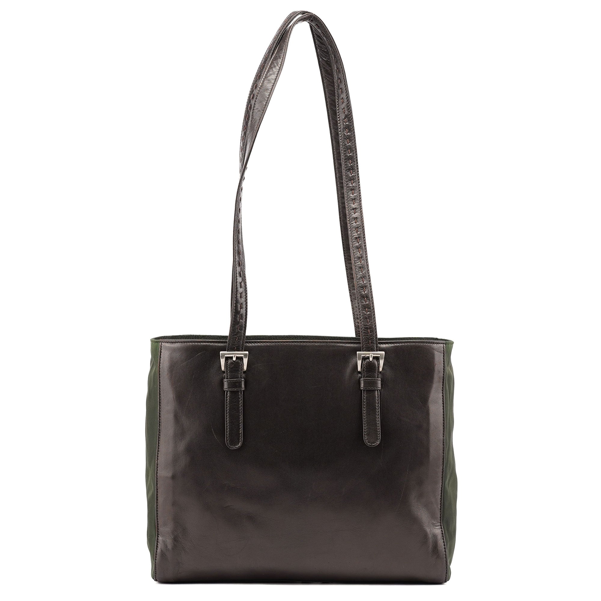 Prada 1995 Brown Green Nappa Tessuto Nylon Tote Bag
