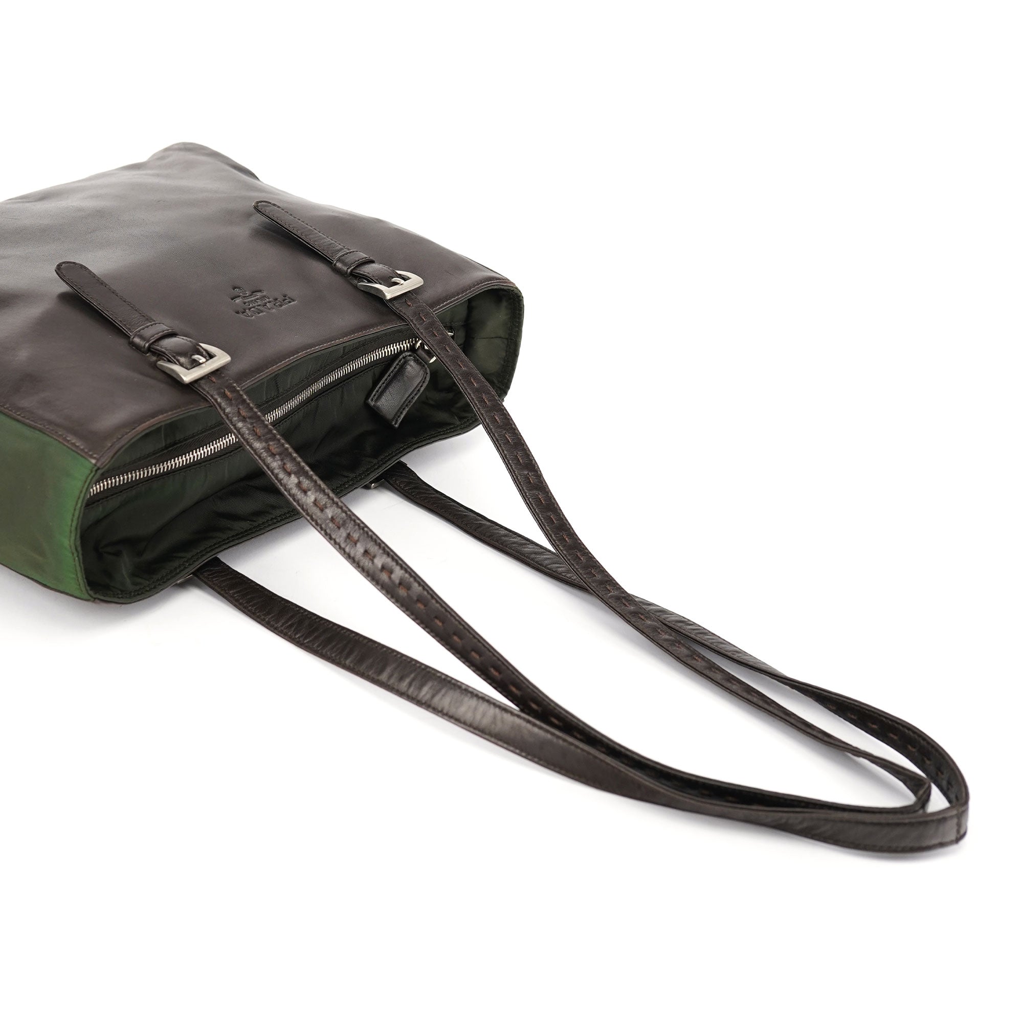 Prada 1995 Brown Green Nappa Tessuto Nylon Tote Bag