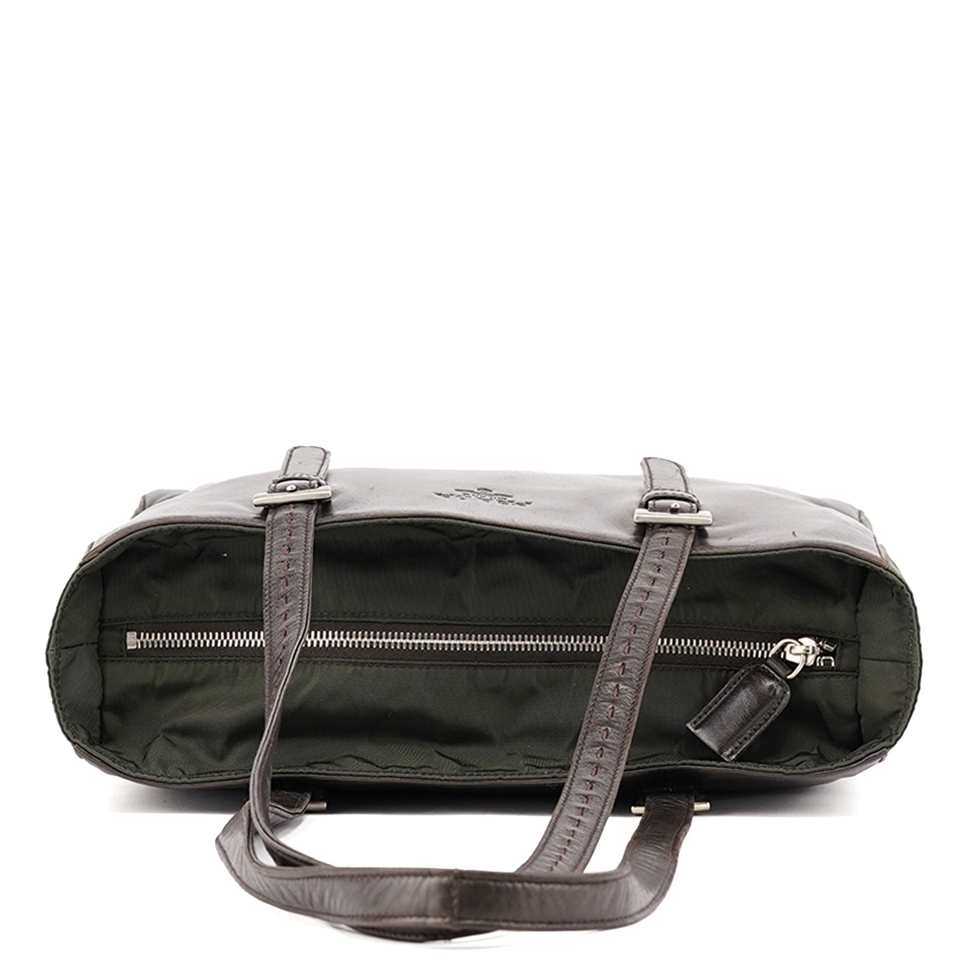 Prada 1995 Brown Green Nappa Tessuto Nylon Tote Bag