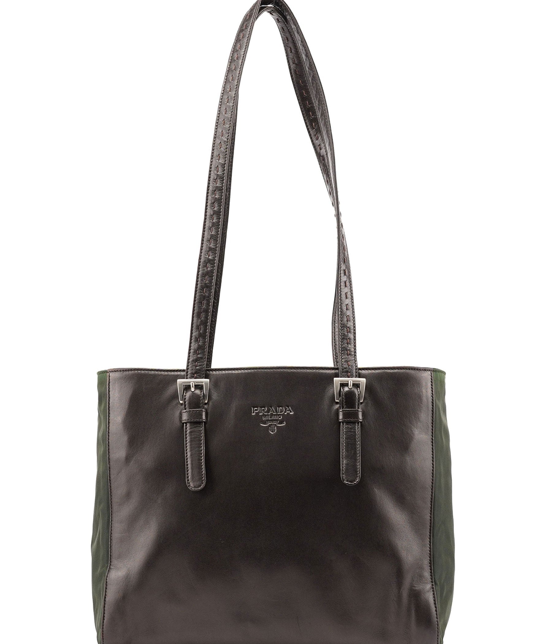 Prada 1995 Brown Green Nappa Tessuto Nylon Tote Bag