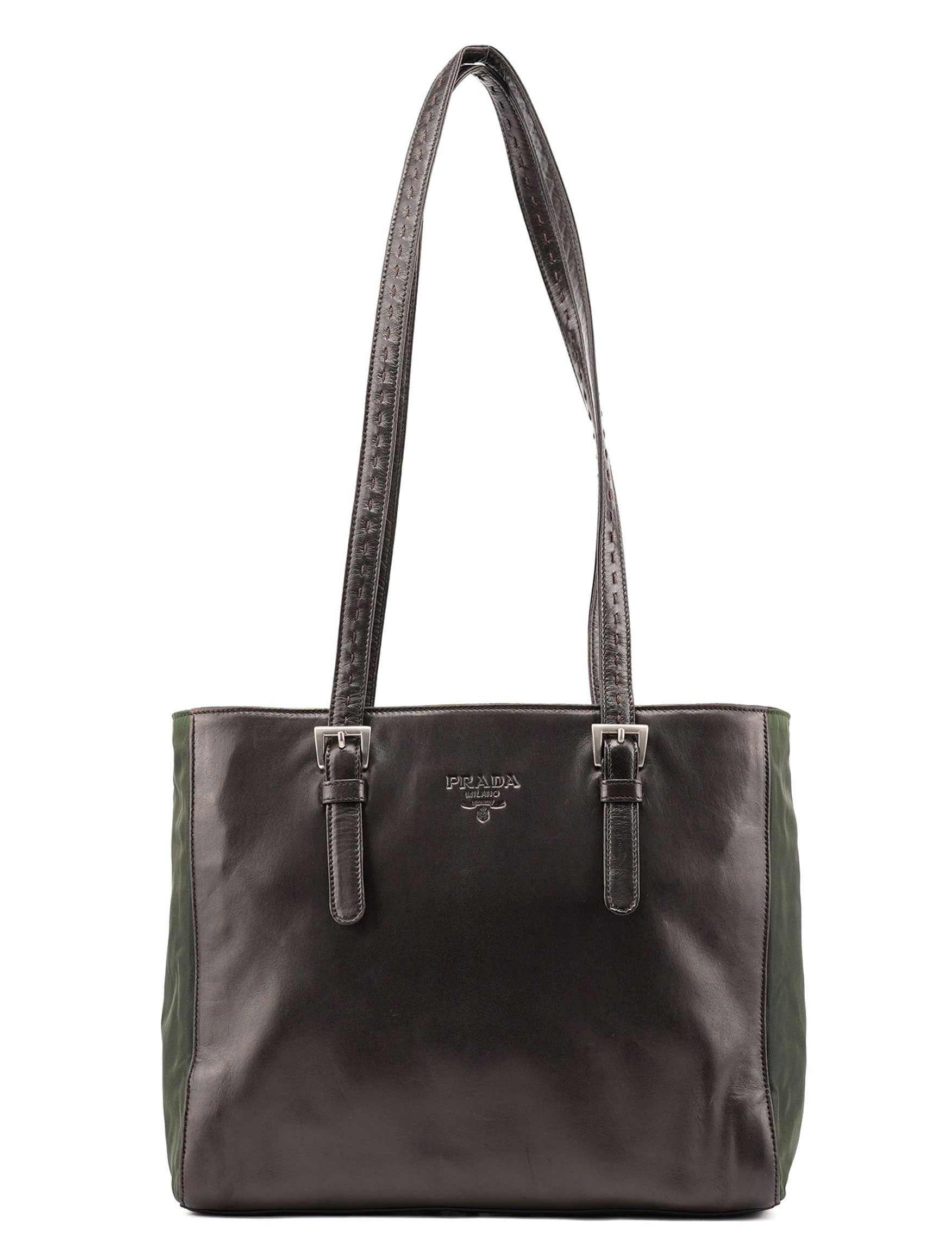 Prada 1995 Brown Green Nappa Tessuto Nylon Tote Bag