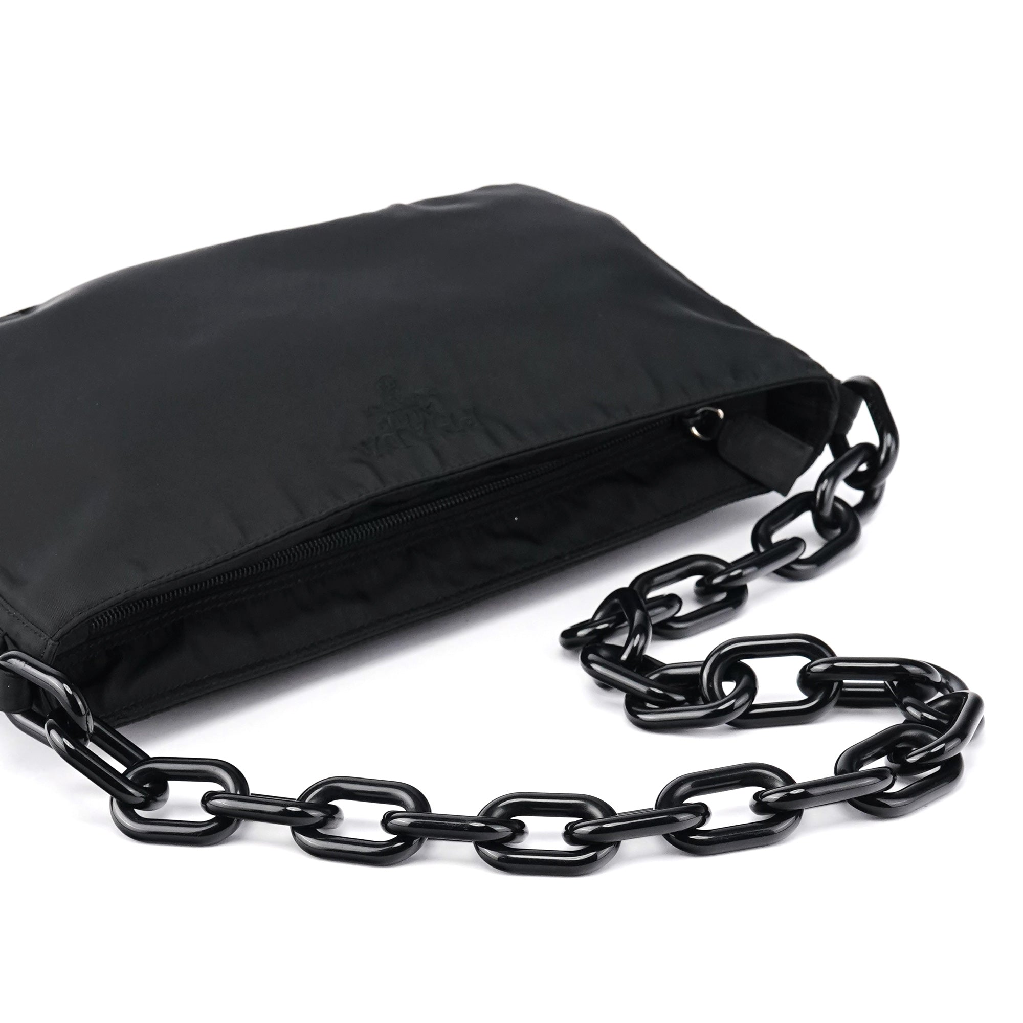 Prada 1996 Black Tessuto Swing Nylon Chain Shoulder Bag