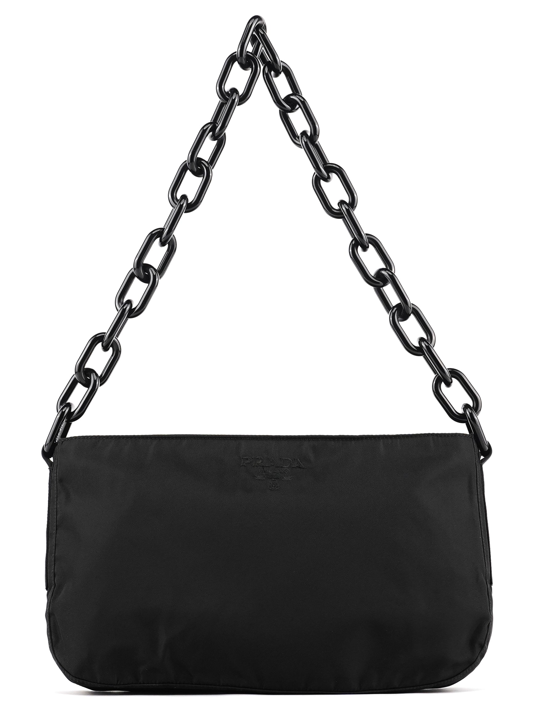 Prada 1996 Black Tessuto Swing Nylon Chain Shoulder Bag