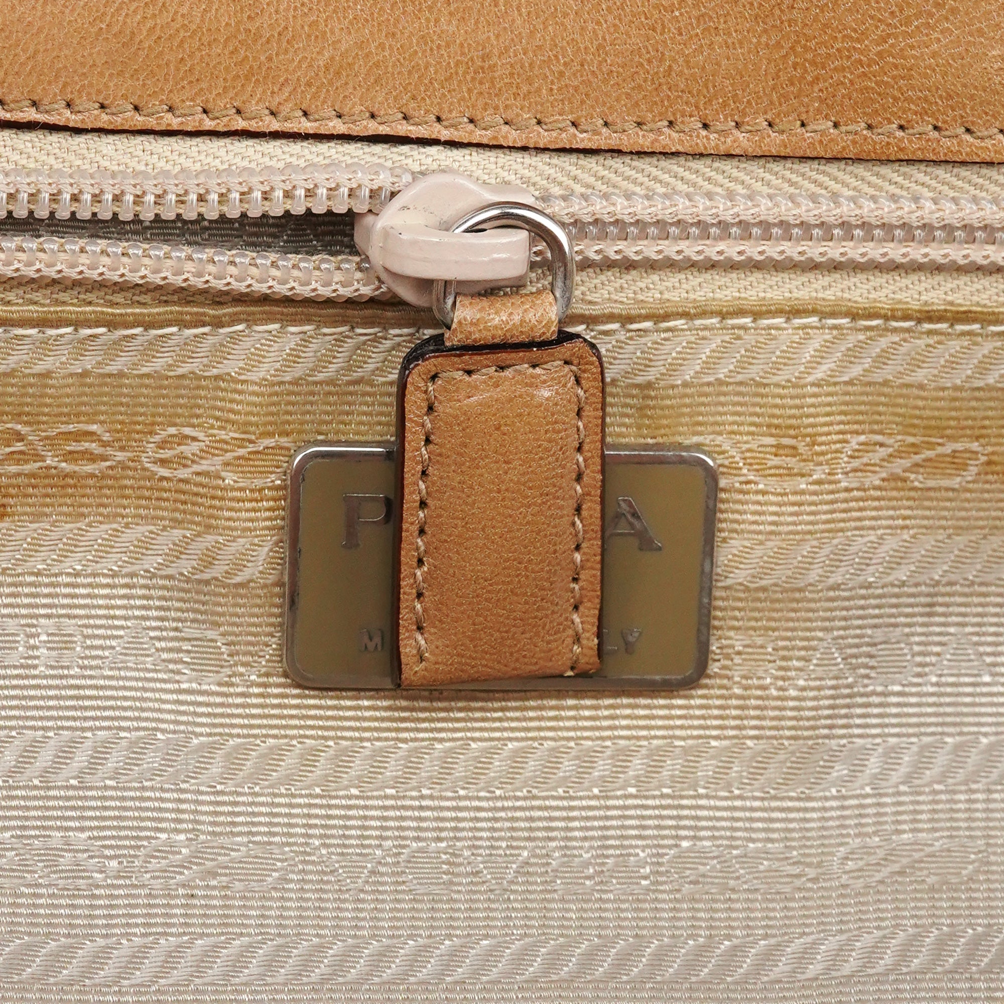 Prada 1996 Tan Madras Swing Leather Top Handle Bag