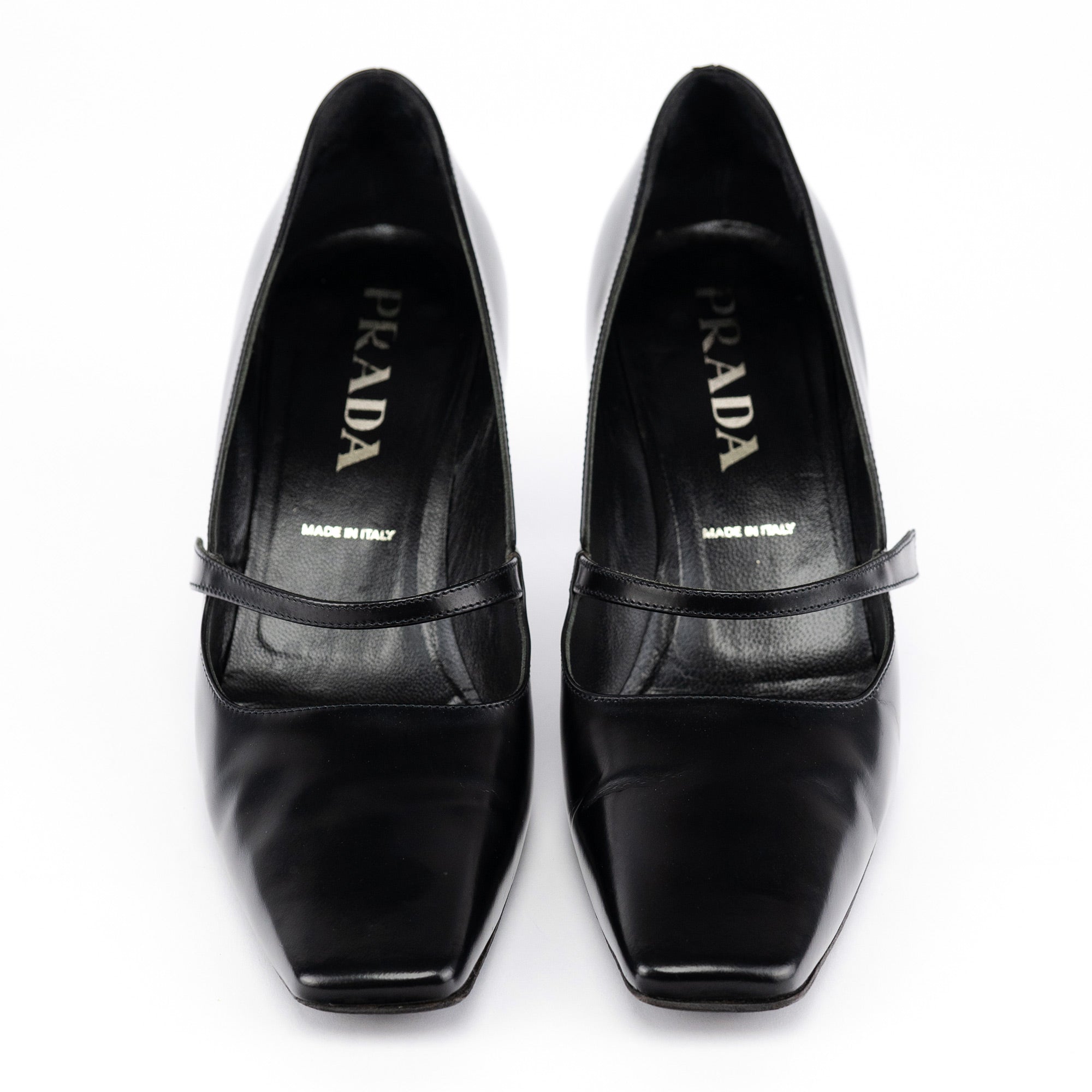 Prada 1998 Black Leather Square Toe Mary Jane Pumps