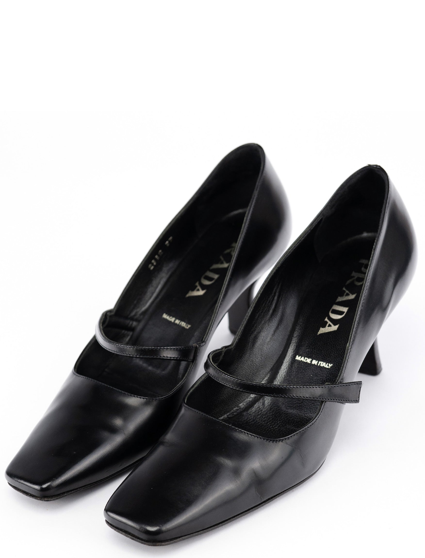 Prada 1998 Black Leather Square Toe Mary Jane Pumps