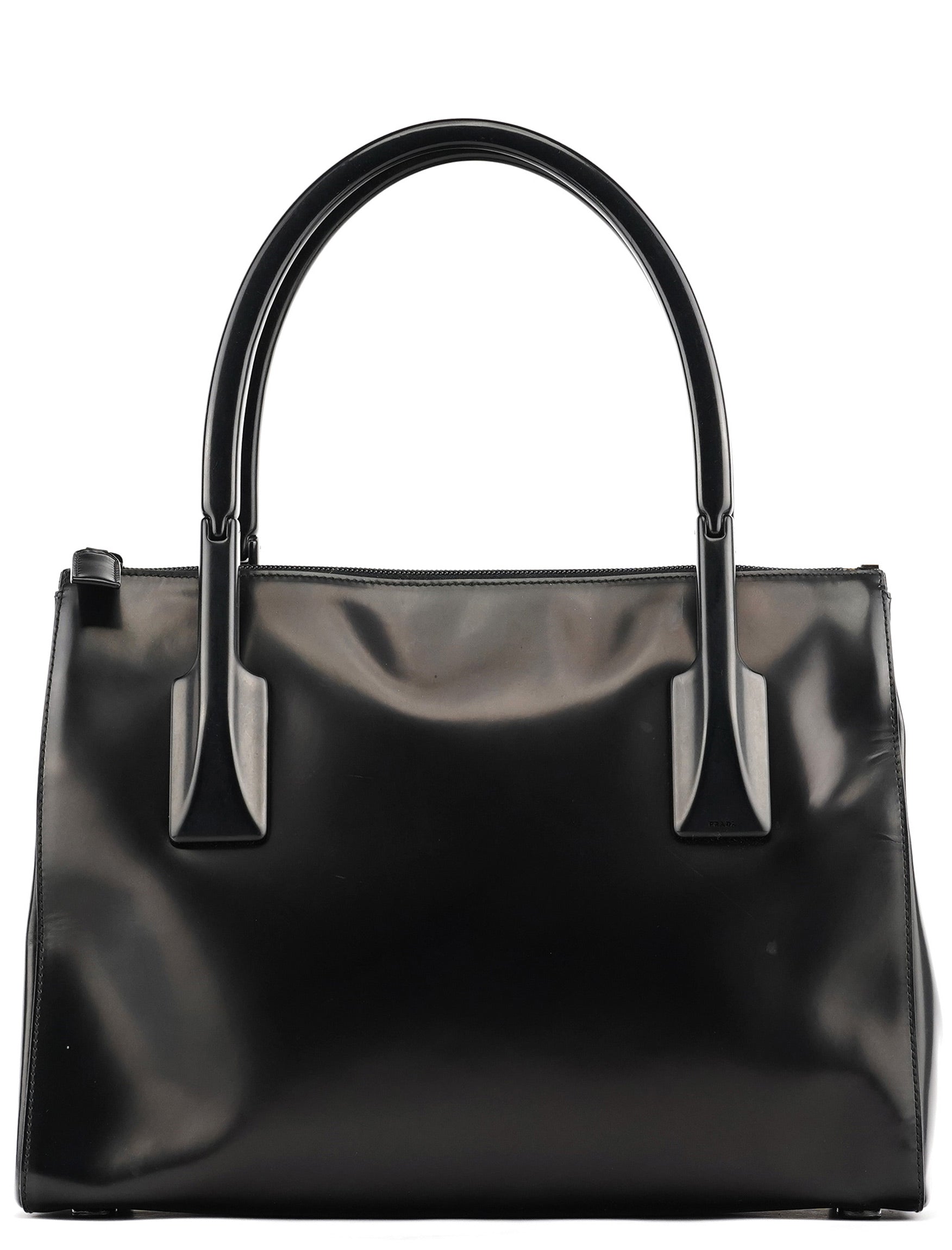 Prada 1998 Sac cabas Spazzolato en cuir verni noir à anses en plastique