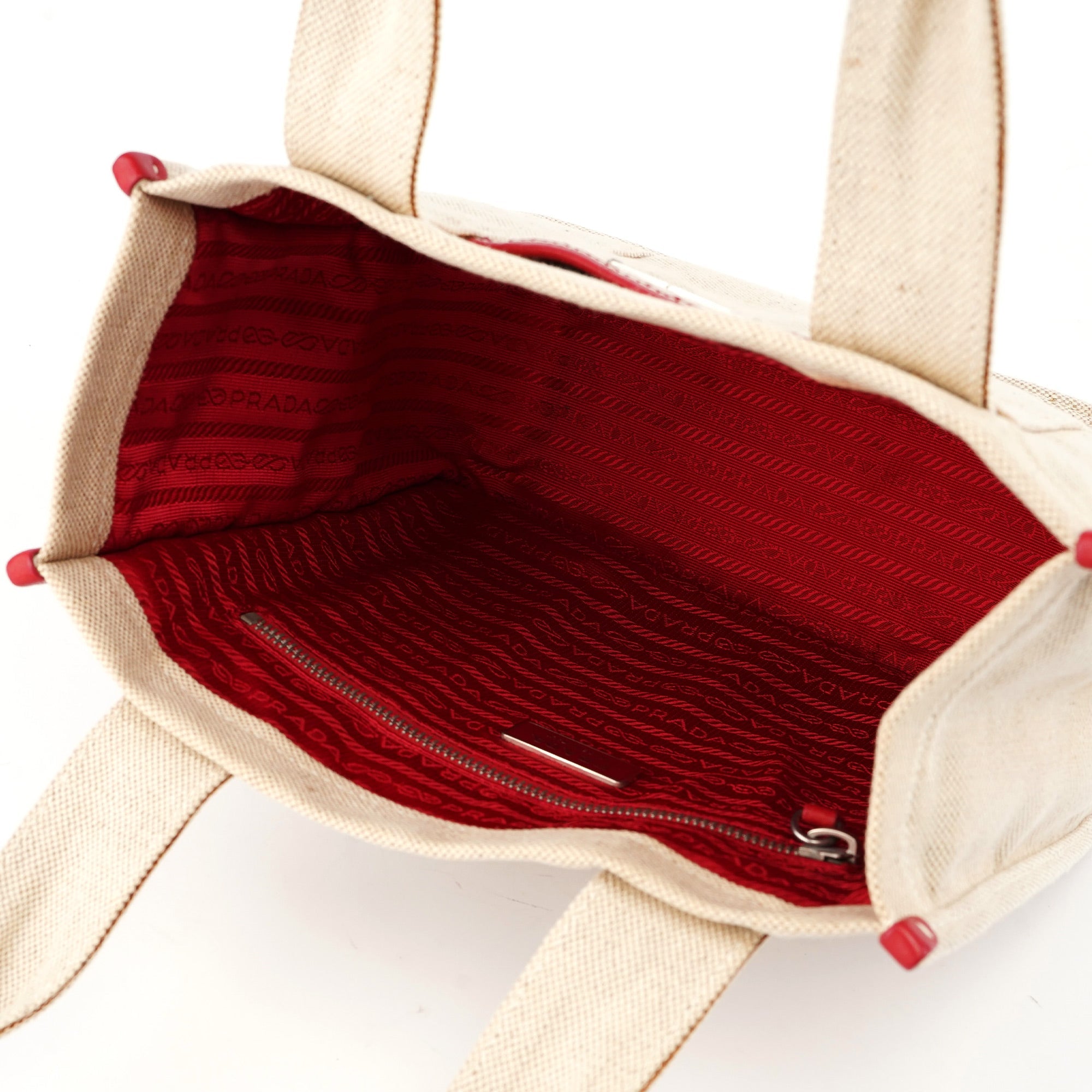 Prada 1999 Sac cabas Canapa Sport en toile beige et cuir de veau rouge