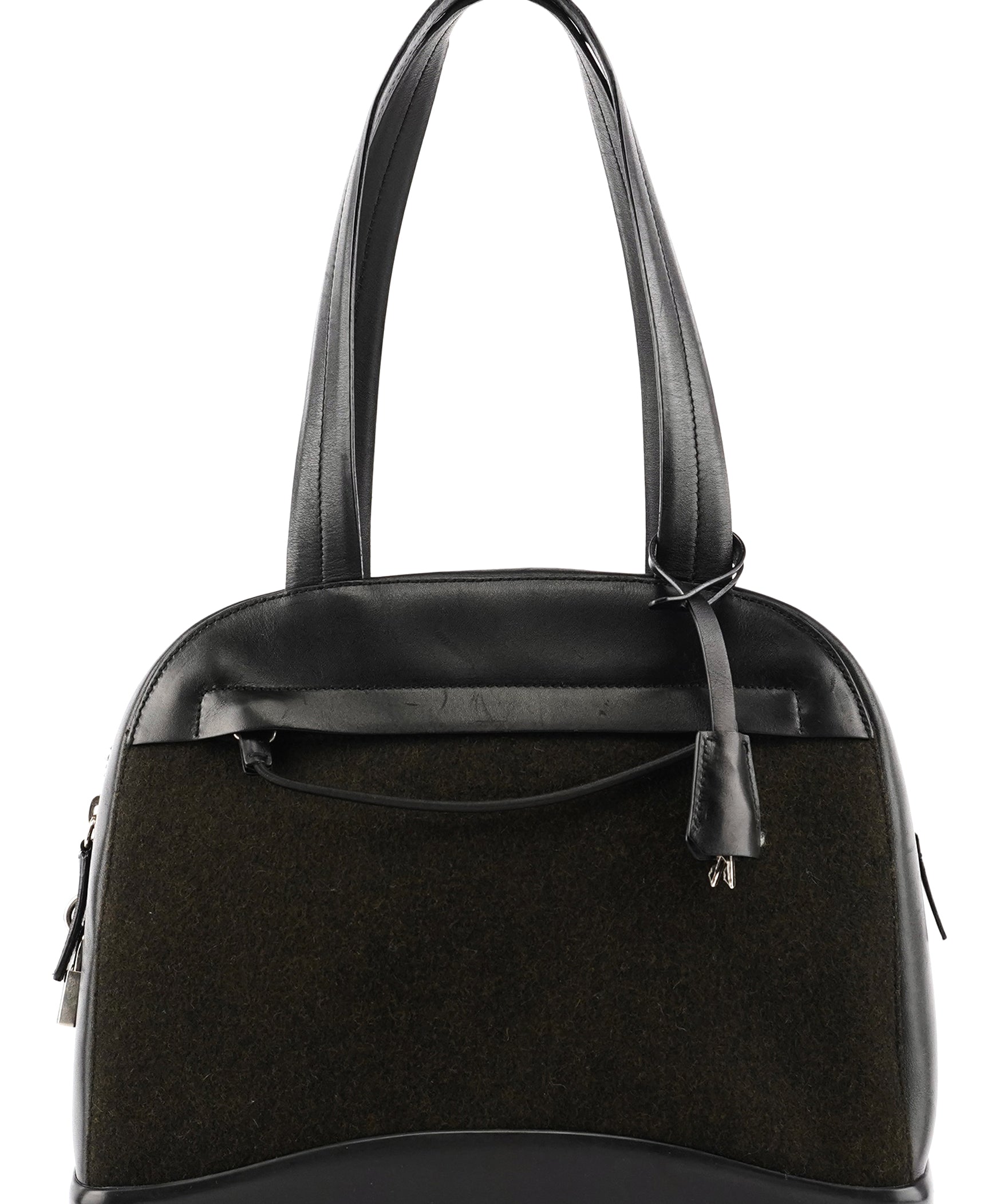 Prada 1999 Black Dark Green Wool Leather Bowling Bag