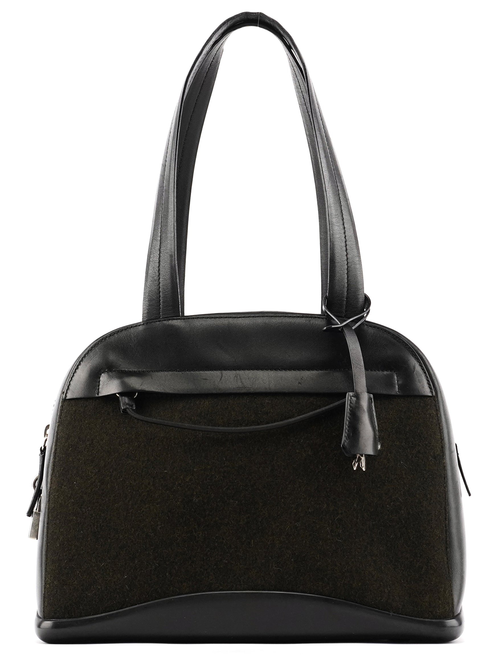 Prada 1999 Black Dark Green Wool Leather Bowling Bag
