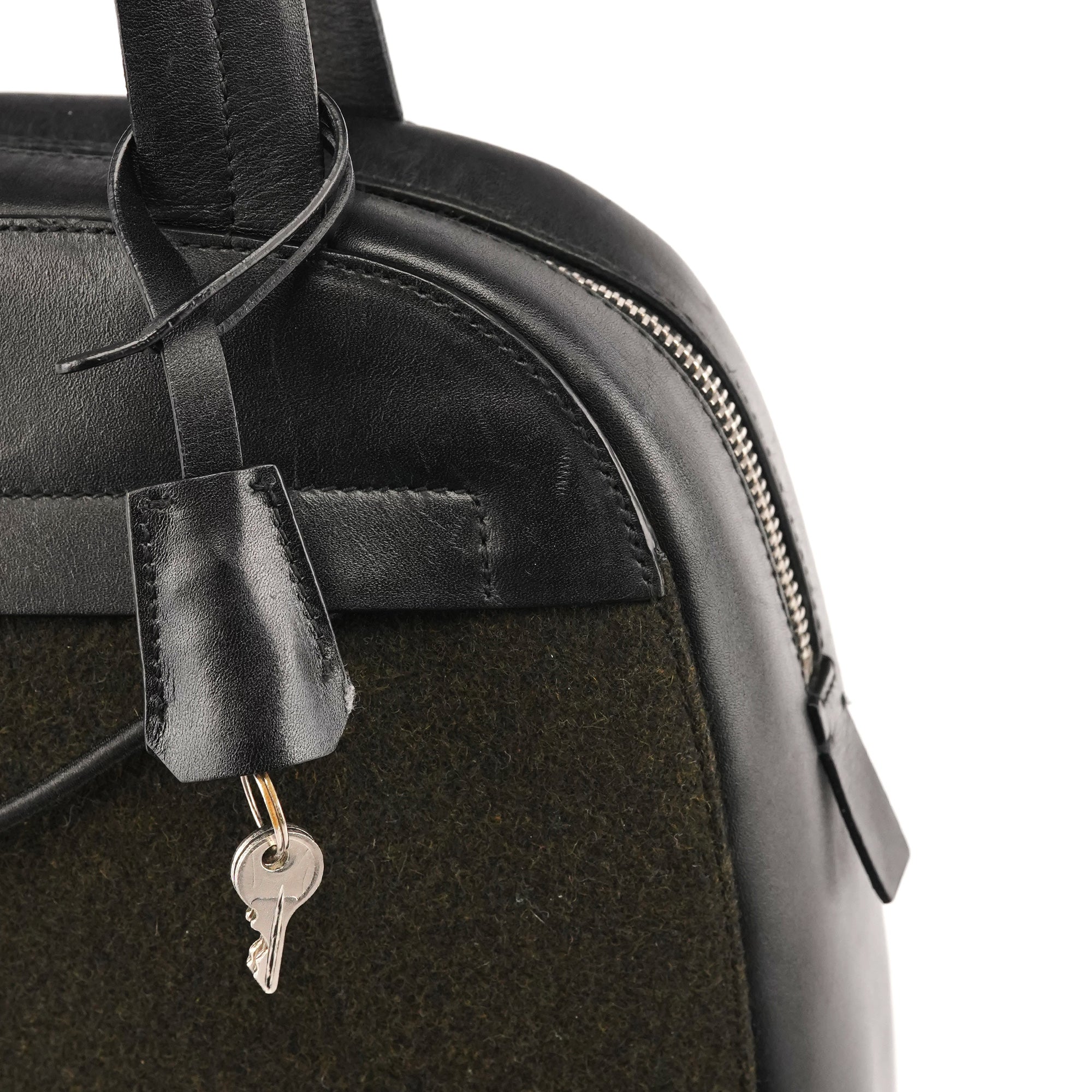 Prada 1999 Black Dark Green Wool Leather Bowling Bag